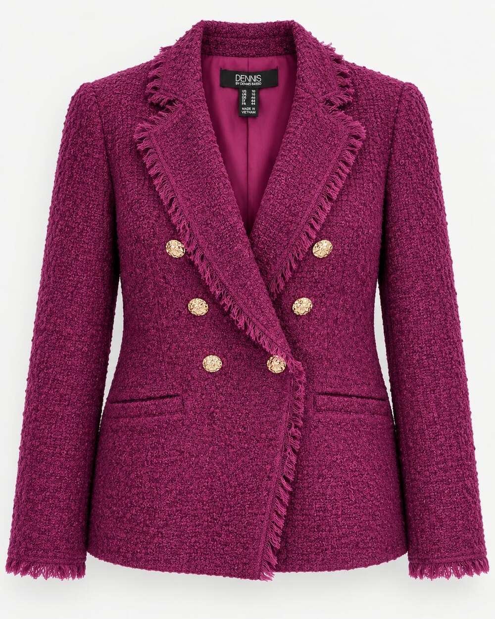 Dennis Basso NWT Fuchsia Bouclé Tweed Double Breasted Gold Button Blazer Sz 10